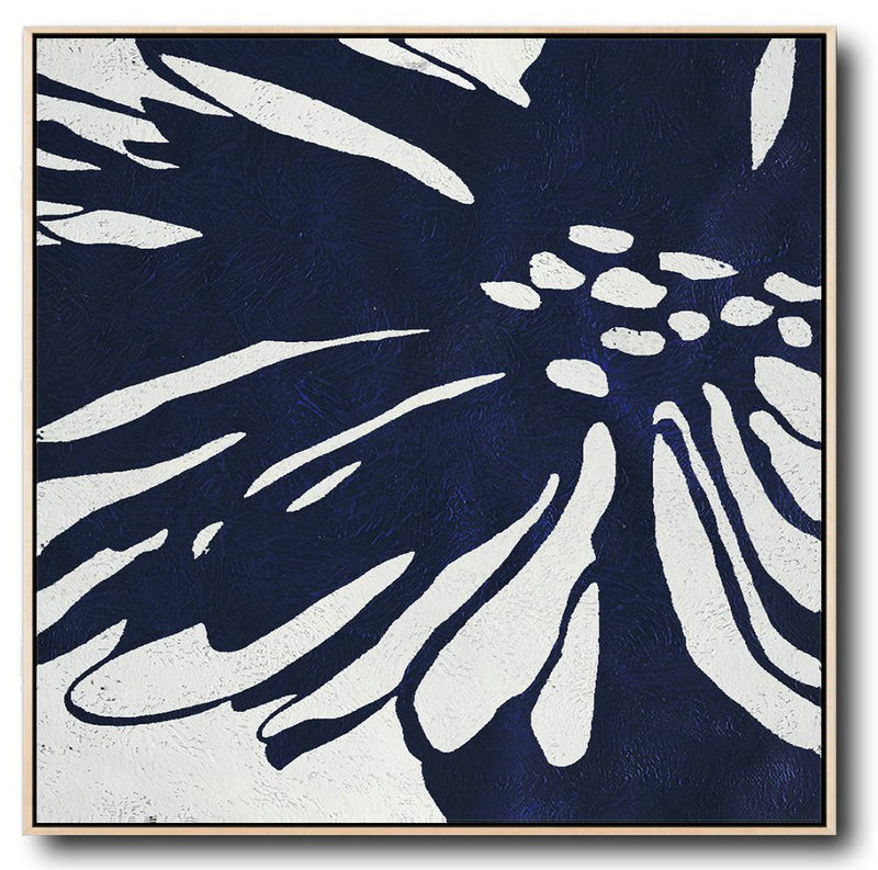 Buy Large Canvas Art Online - Hand Painted Navy Minimalist Painting On Canvas,Living Room Canvas Art #A0B1